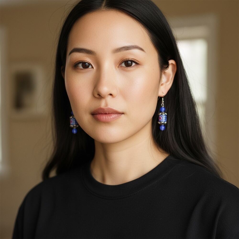 3/$25 - Blue Beaded Drop Earrings Silver Plated Dangle Boho